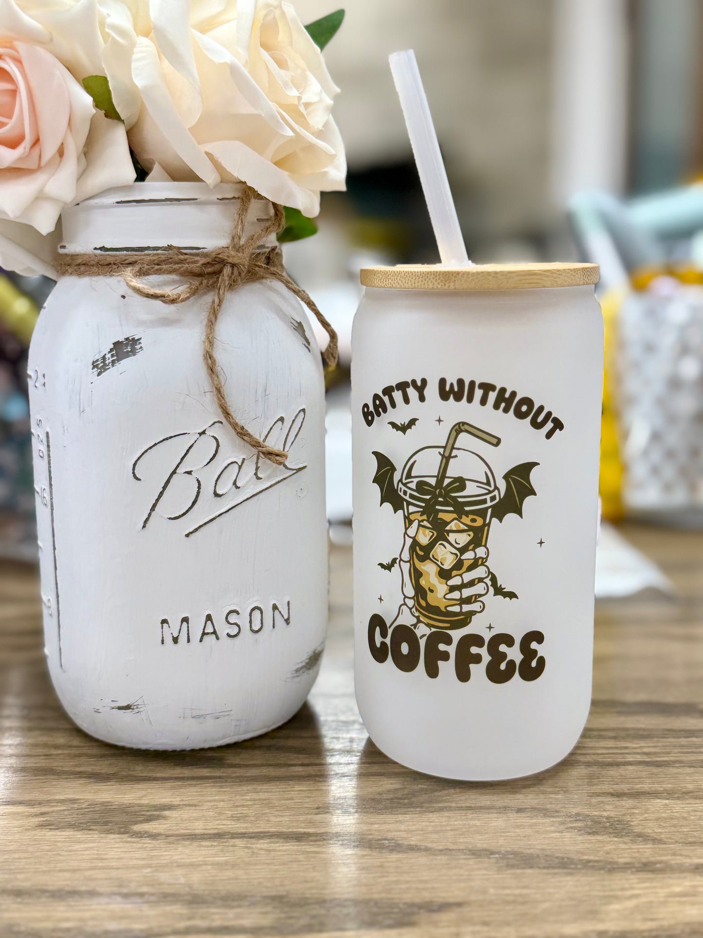16 oz Frosted Glass Tumbler with Plastic Straw