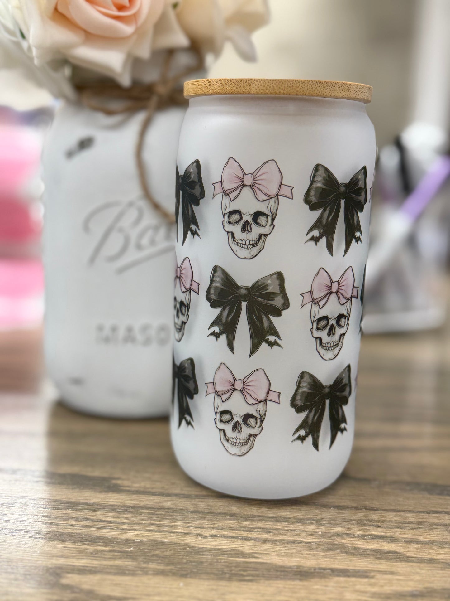 16 oz Frosted Glass Tumbler with Plastic Straw