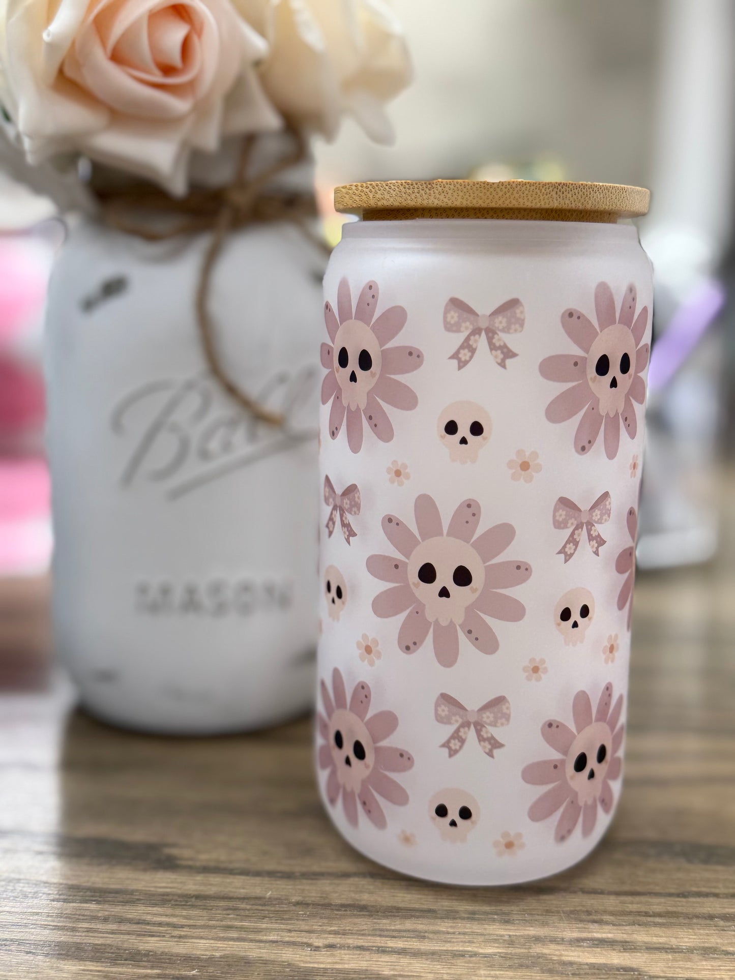 16 oz Frosted Glass Tumbler with Plastic Straw