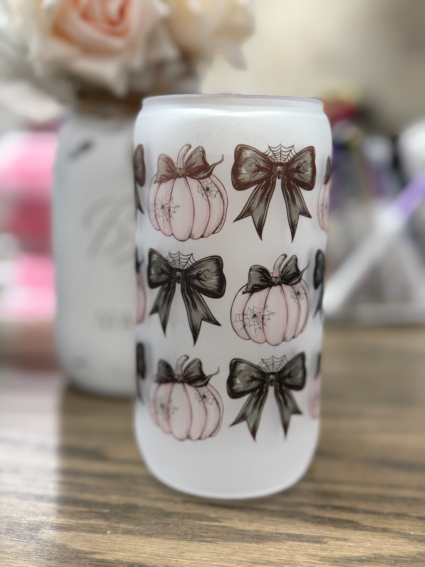 16 oz Frosted Glass Tumbler with Plastic Straw (Choose your Design)