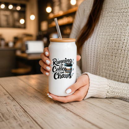 16 oz White Glass Tumbler with Straw (Choose your Design)