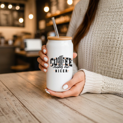 16 oz White Glass Tumbler with Straw (Choose your Design)