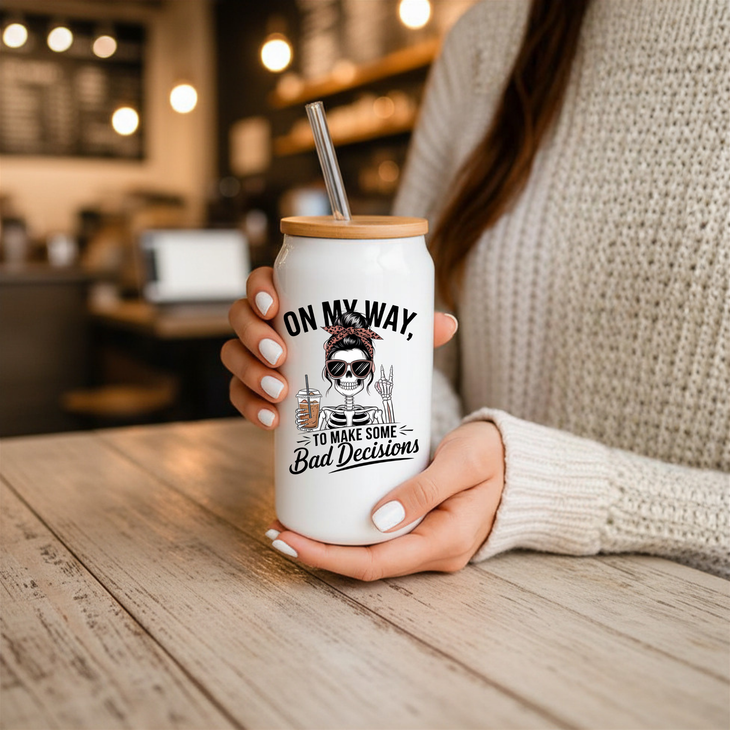 16 oz White Glass Tumbler with Straw (Choose your Design)