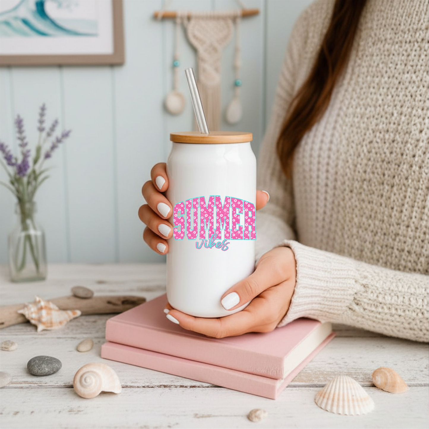 16 oz White Glass Tumbler with Straw (Choose your Design)