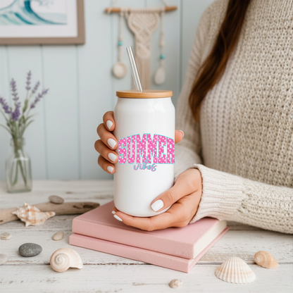 16 oz White Glass Tumbler with Straw (Choose your Design)