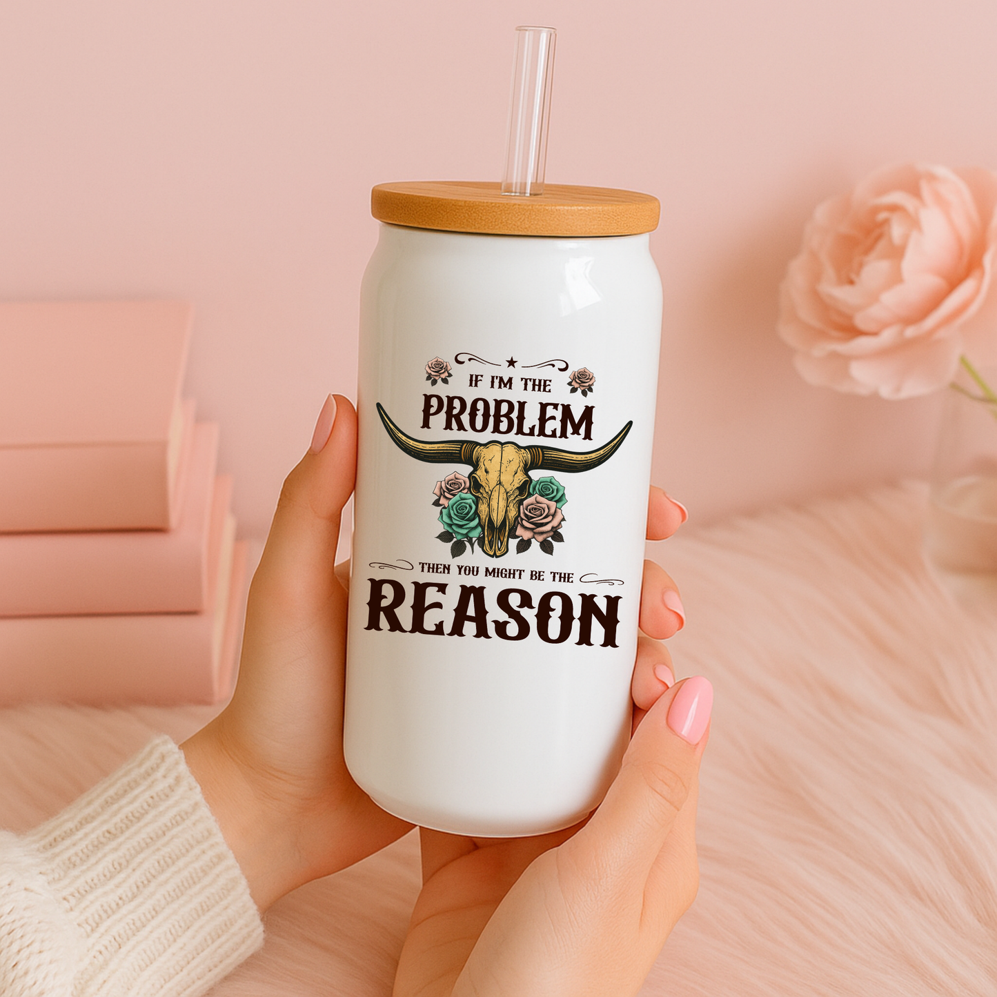 16 oz White Glass Tumbler with Straw (Choose your Design)