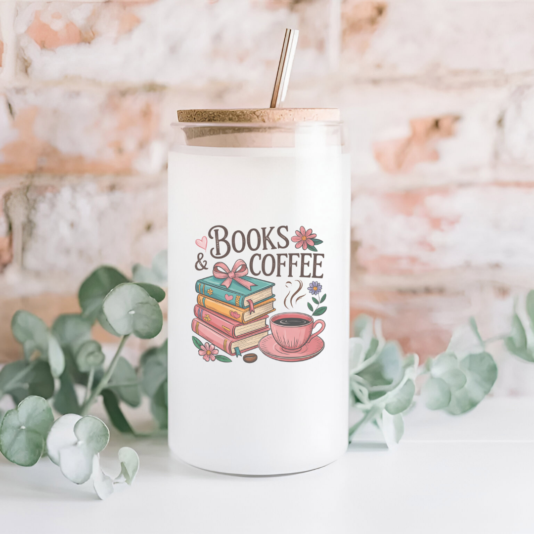16 oz Frosted Glass Tumbler with Plastic Straw (Choose your Design)