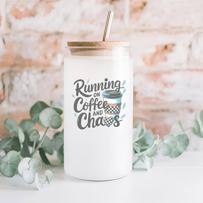 16 oz Frosted Glass Tumbler with Plastic Straw (Choose your Design)