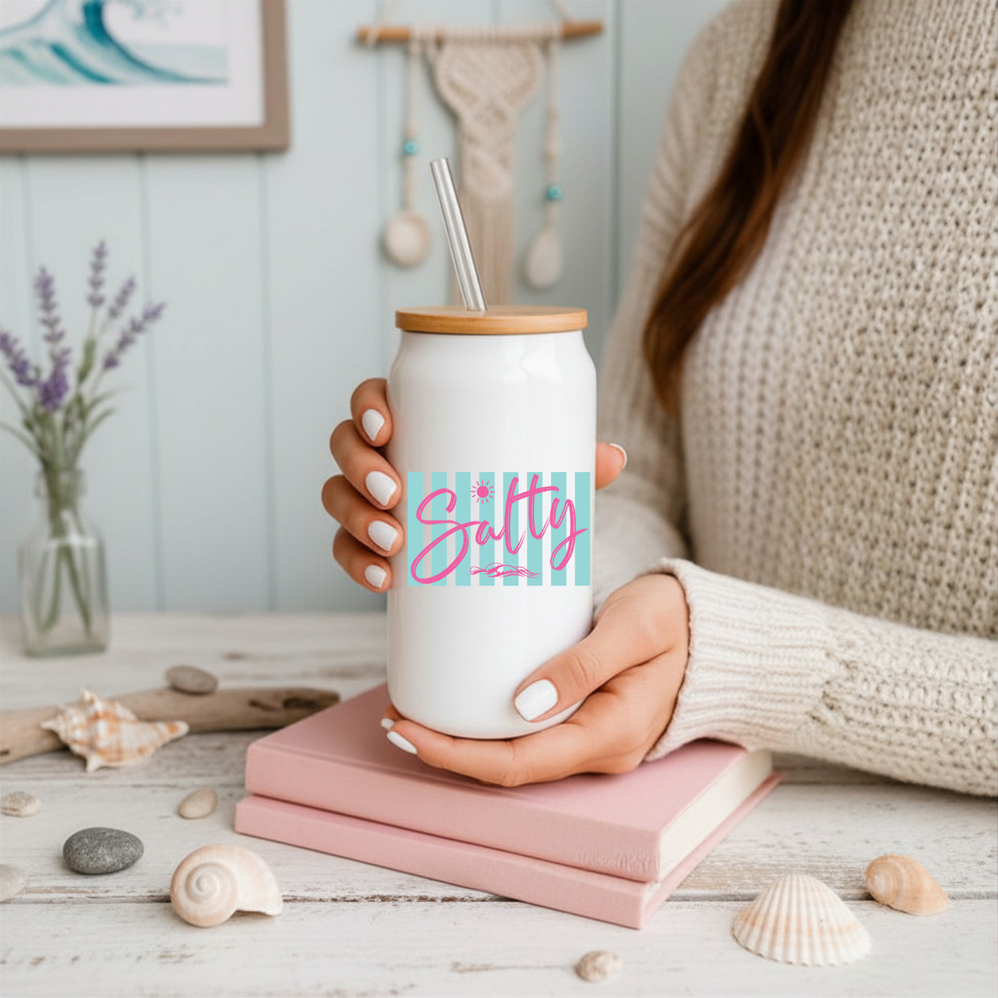 16 oz White Glass Tumbler with Straw (Choose your Design)