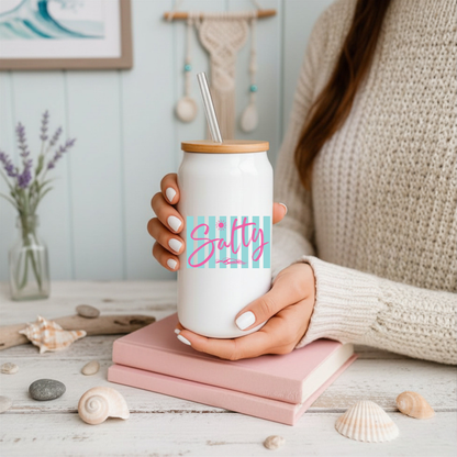 16 oz White Glass Tumbler with Straw (Choose your Design)