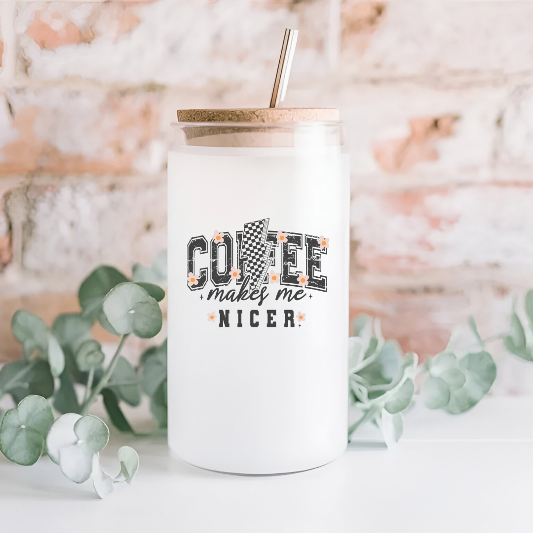 16 oz Frosted Glass Tumbler with Plastic Straw (Choose your Design)