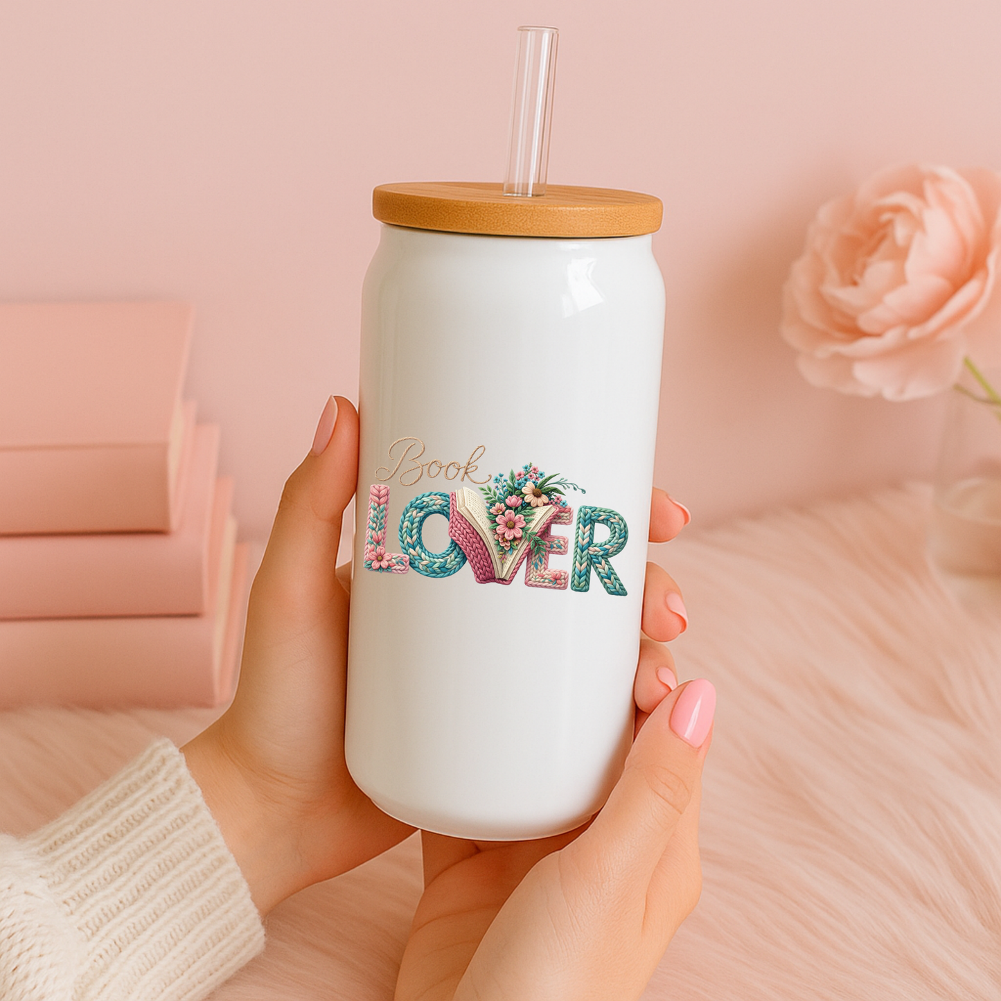 16 oz White Glass Tumbler with Straw (Choose your Design)