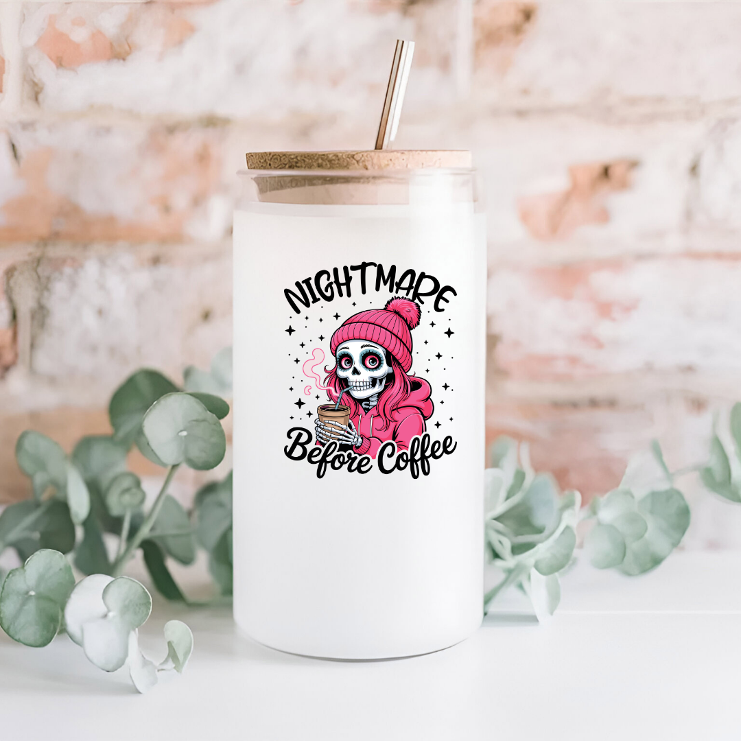 16 oz Frosted Glass Tumbler with Plastic Straw (Choose your Design)