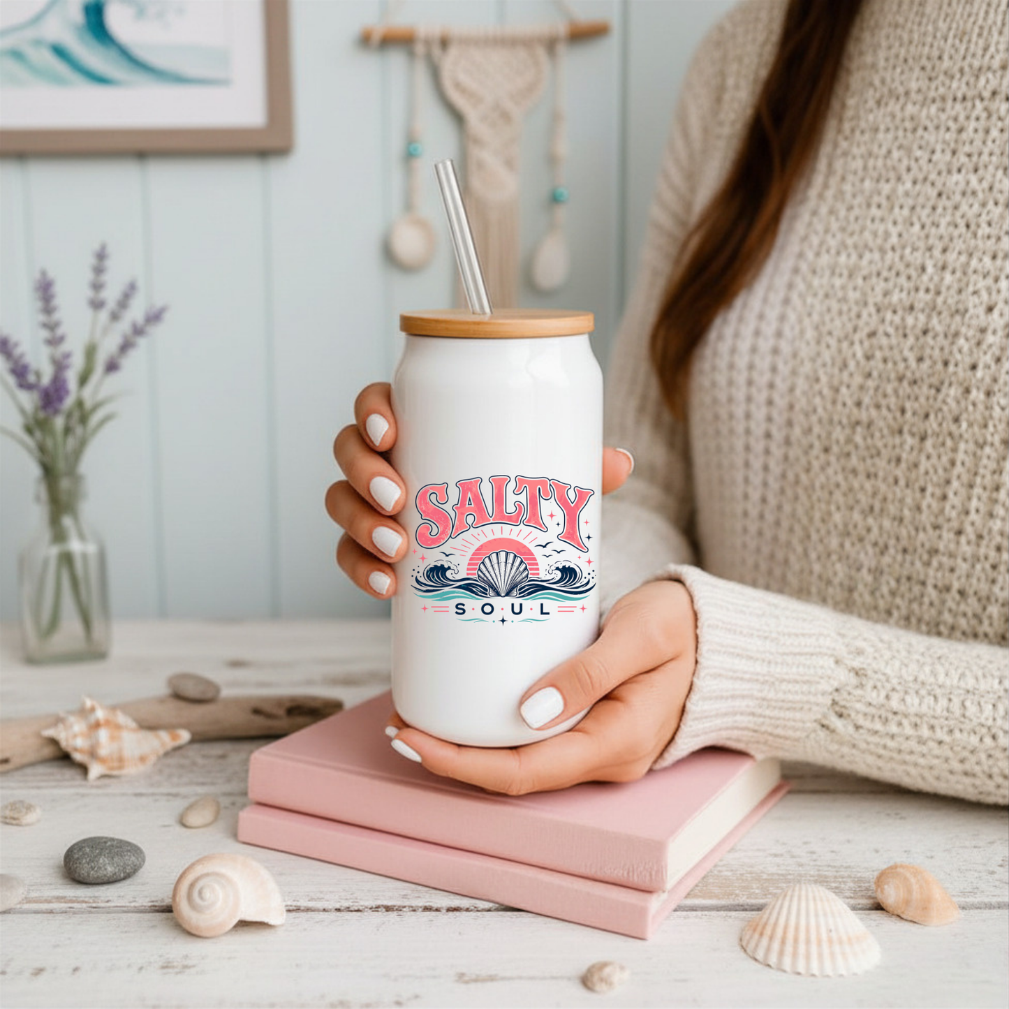 16 oz White Glass Tumbler with Straw (Choose your Design)