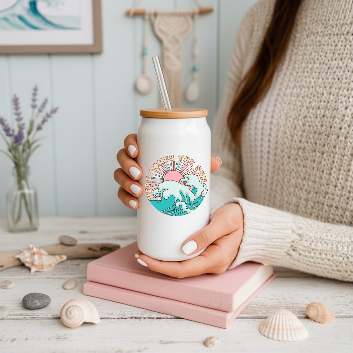 16 oz White Glass Tumbler with Straw (Choose your Design)
