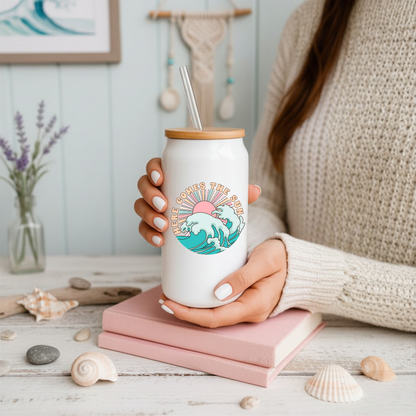 16 oz White Glass Tumbler with Straw (Choose your Design)