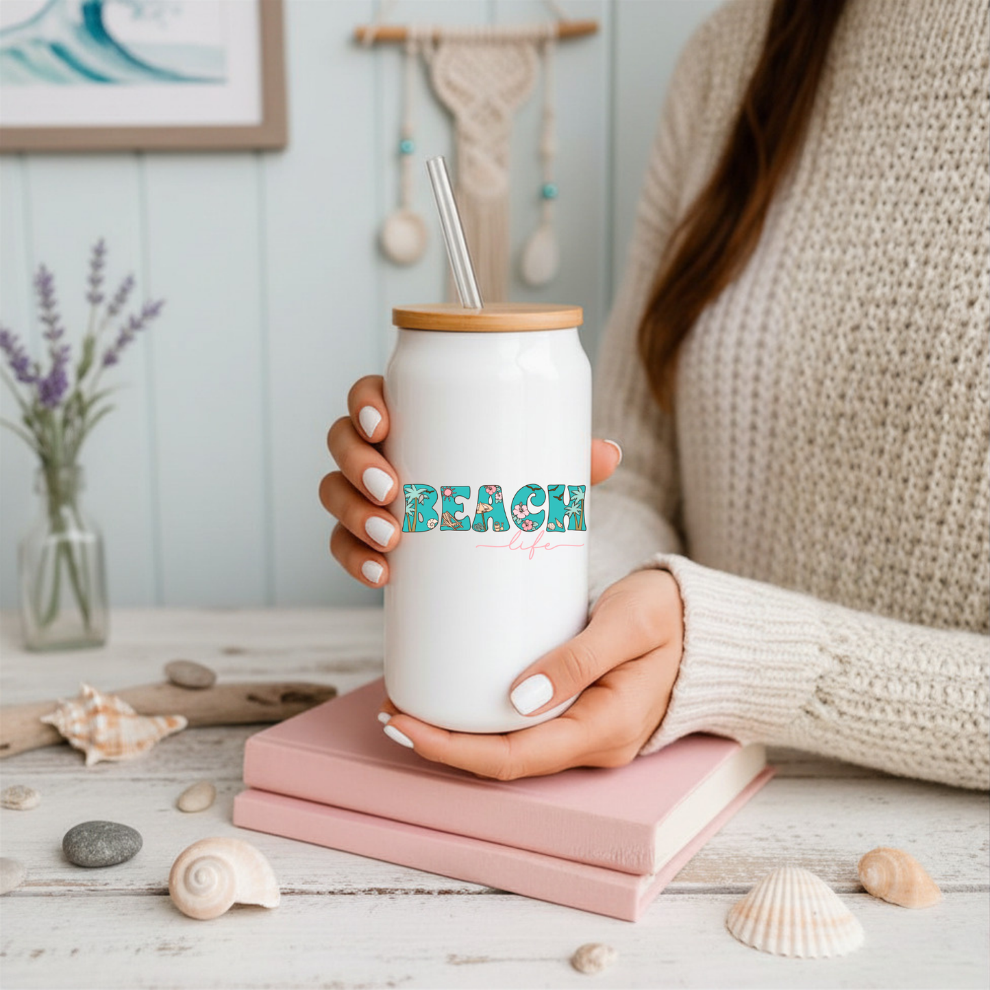 16 oz White Glass Tumbler with Straw (Choose your Design)