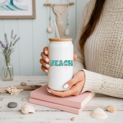 16 oz White Glass Tumbler with Straw (Choose your Design)