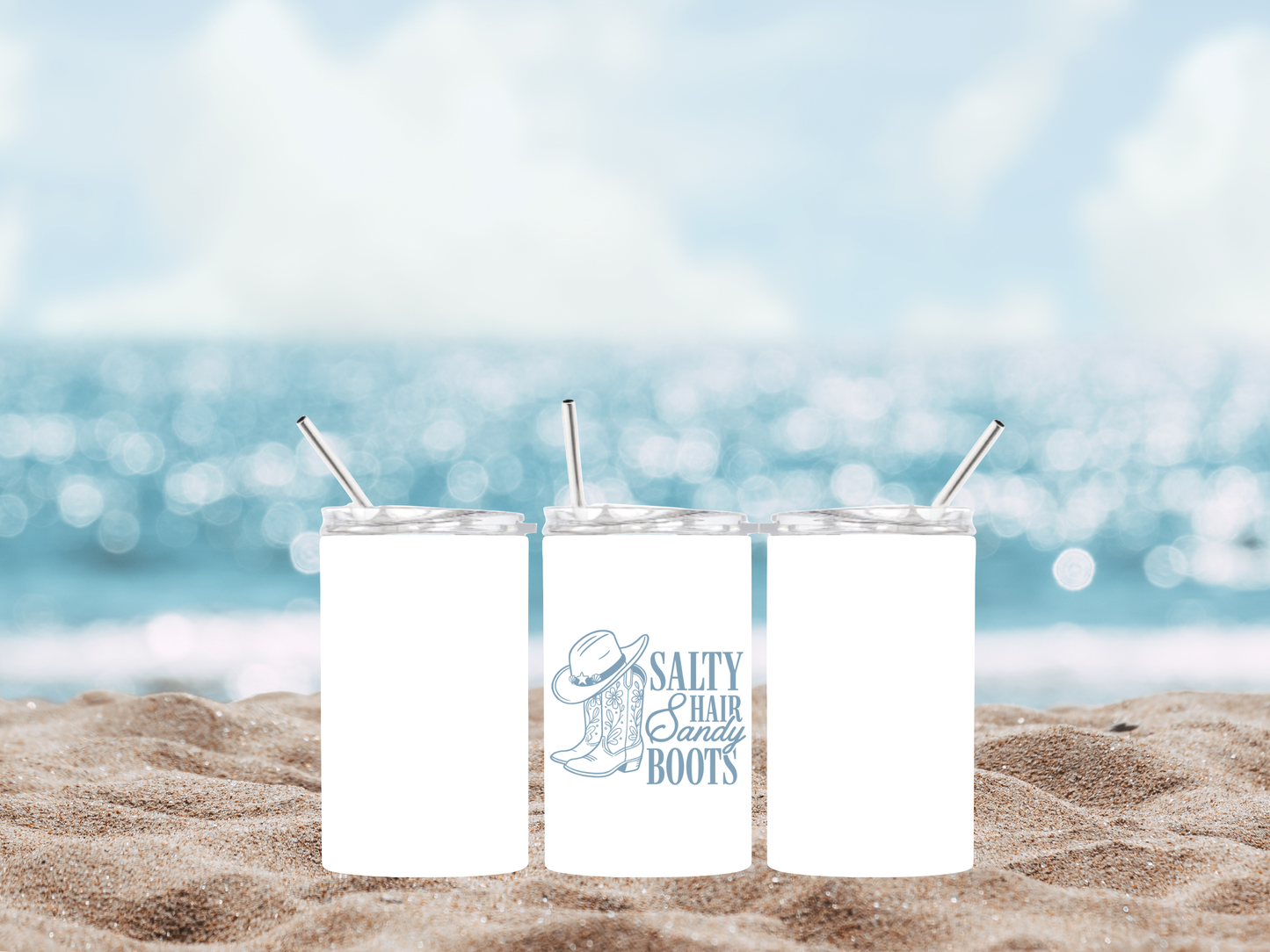 Salty Hair Sandy Boots Tumbler, Tote Bag & Coastal Accessories 🌊🤍