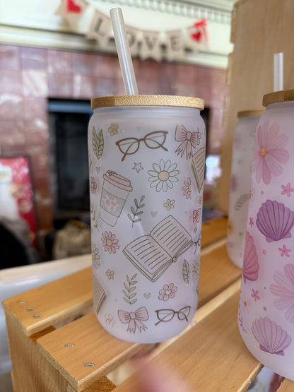 16 oz Frosted Glass Tumbler with Plastic Straw (Choose your Design)