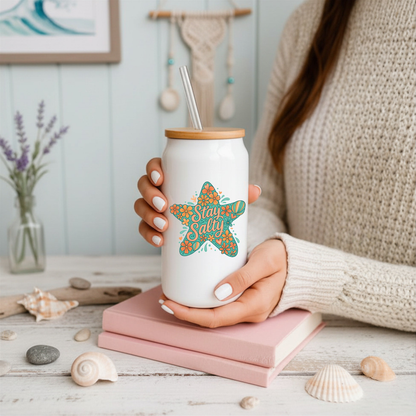 16 oz White Glass Tumbler with Straw (Choose your Design)