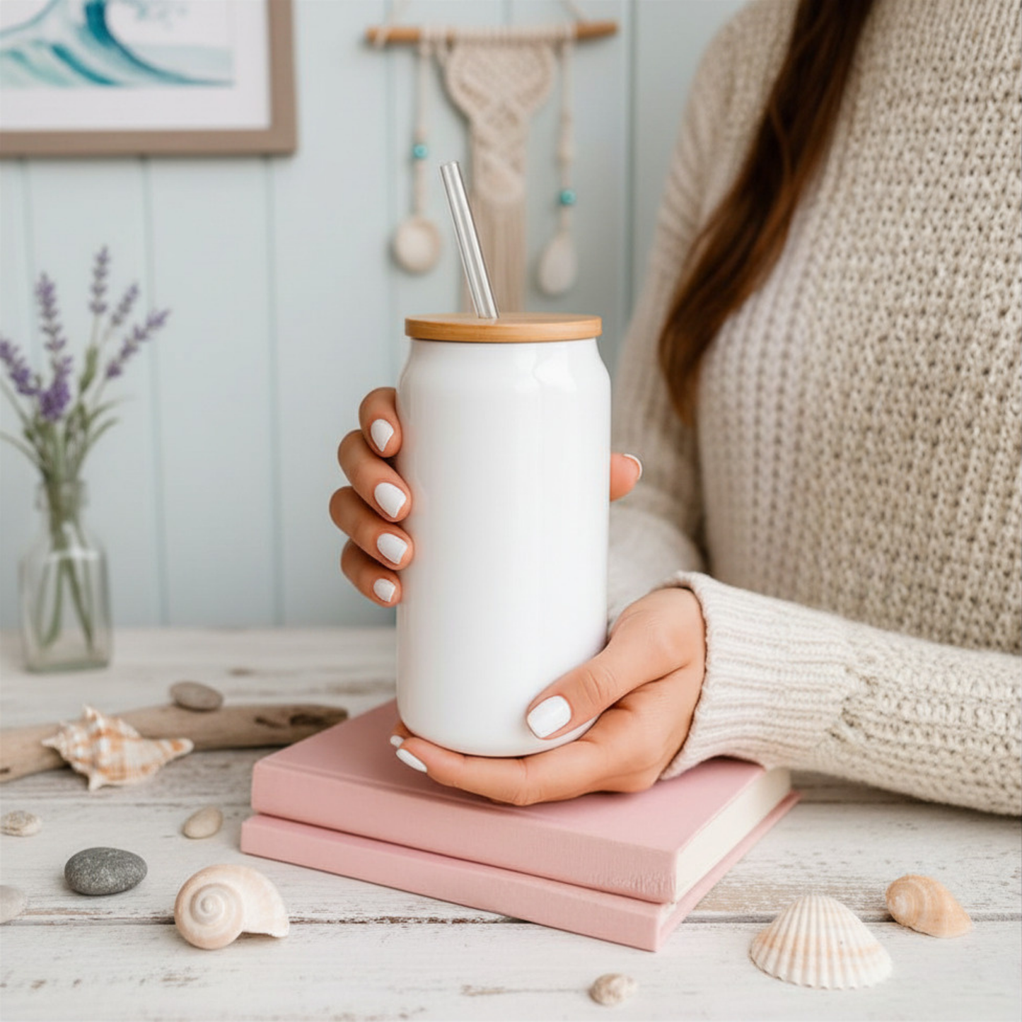 16 oz White Glass Tumbler with Straw (Choose your Design)