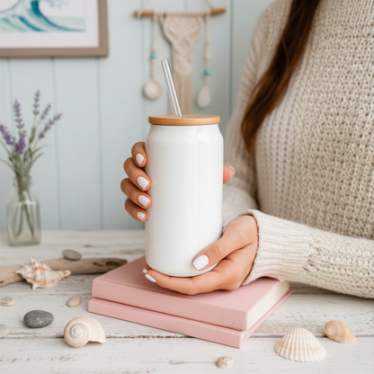 16 oz White Glass Tumbler with Straw (Choose your Design)