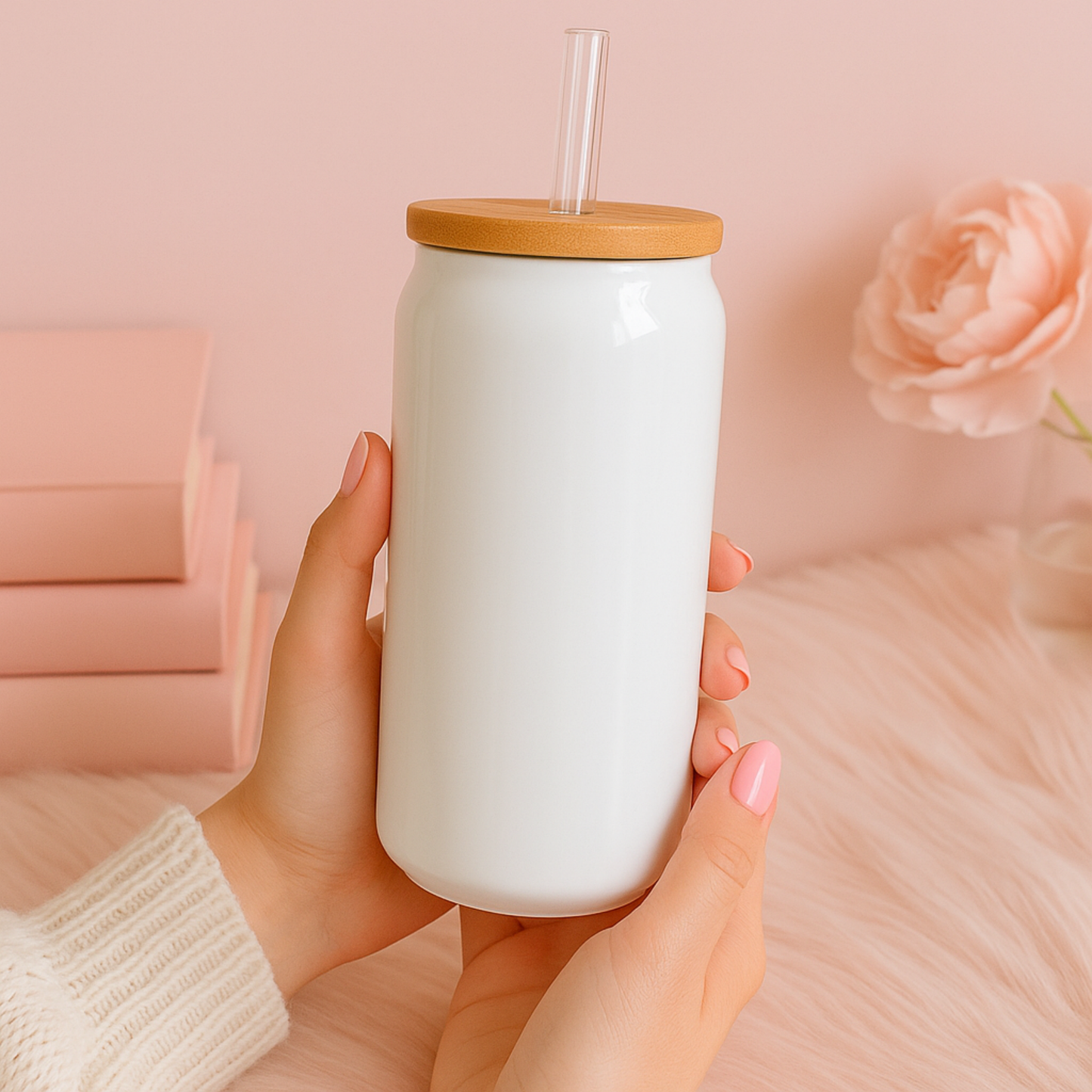 16 oz White Glass Tumbler with Straw (Choose your Design)