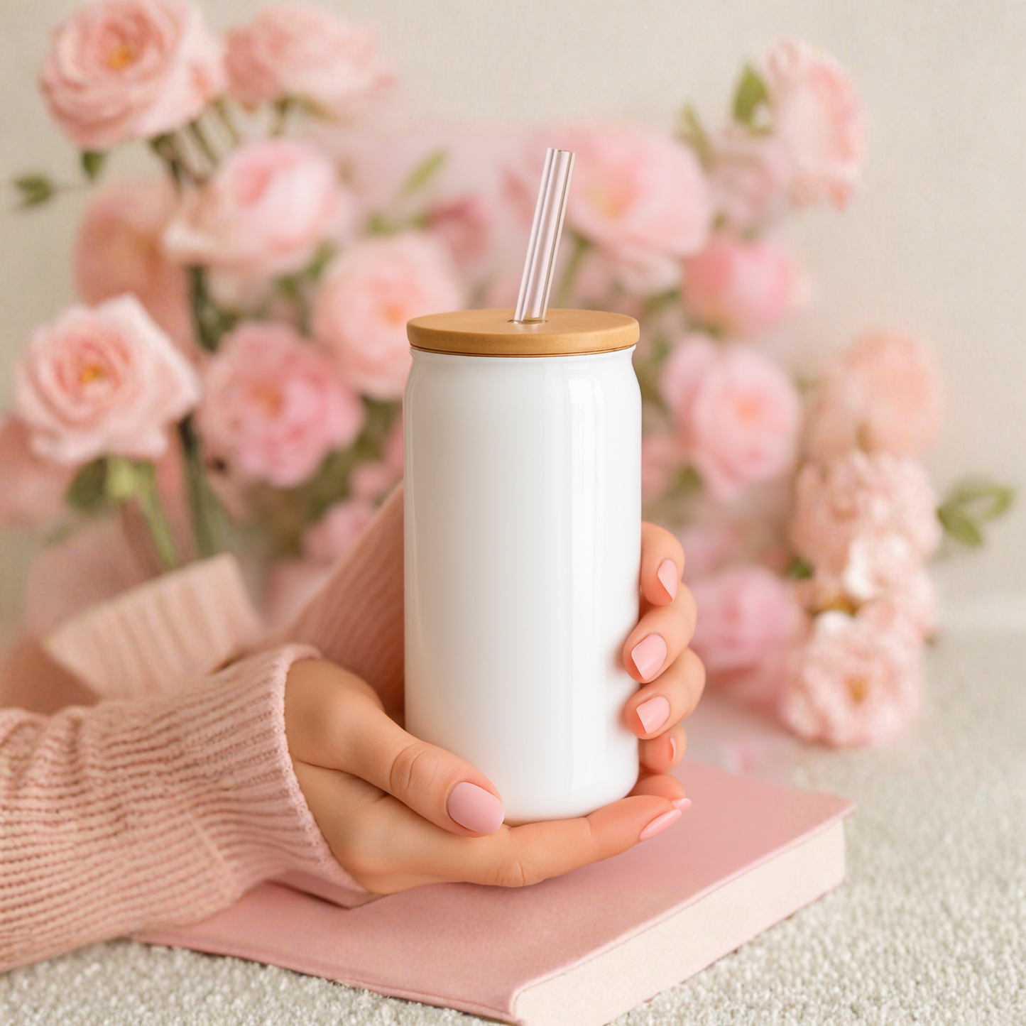 16 oz White Glass Tumbler with Straw (Choose your Design)