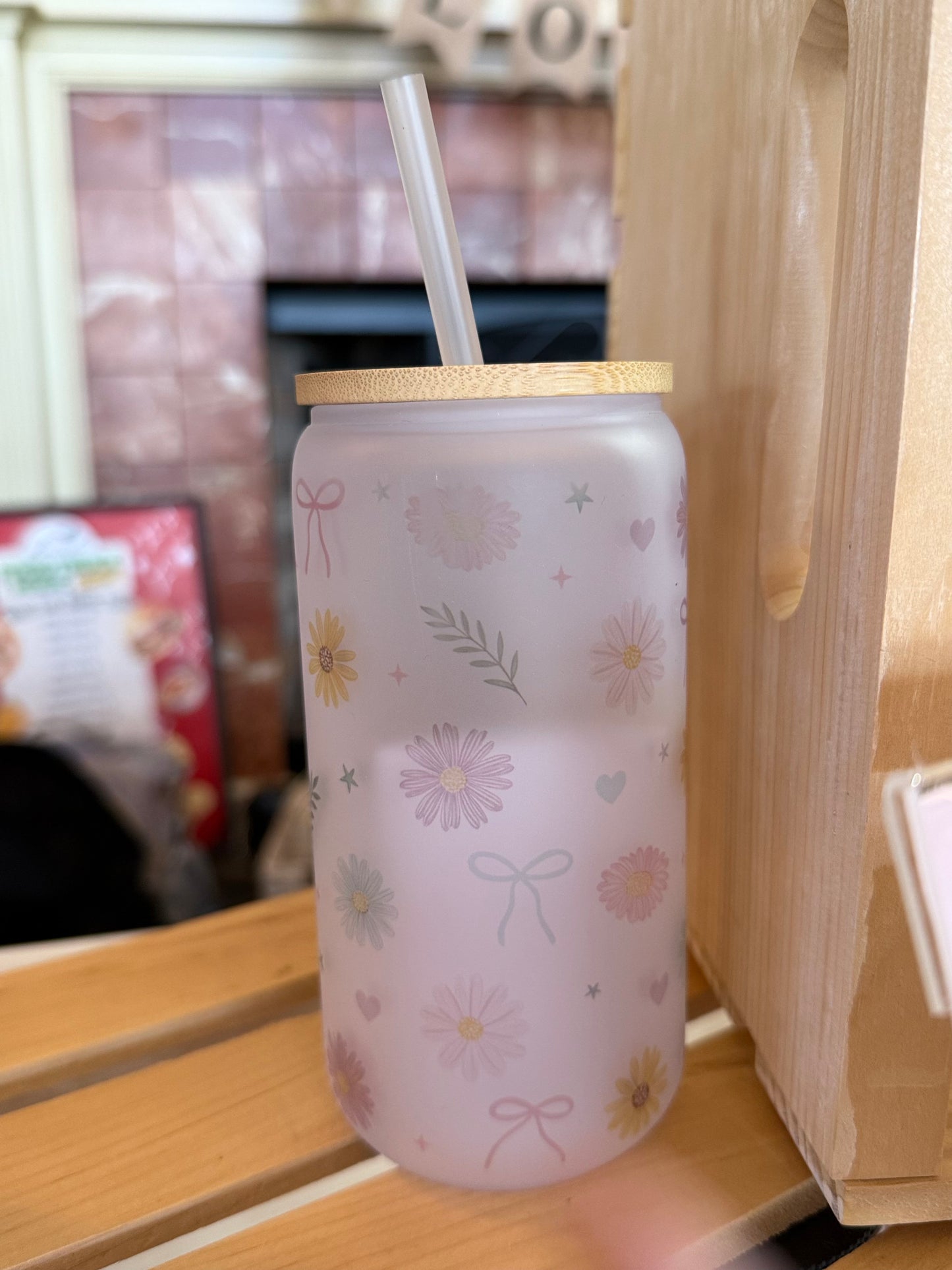 16 oz Frosted Glass Tumbler with Plastic Straw (Choose your Design)