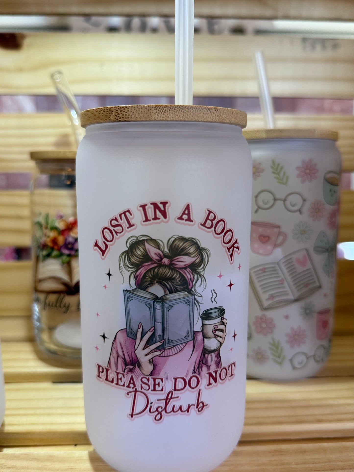 16 oz Frosted Glass Tumbler with Plastic Straw (Choose your Design)