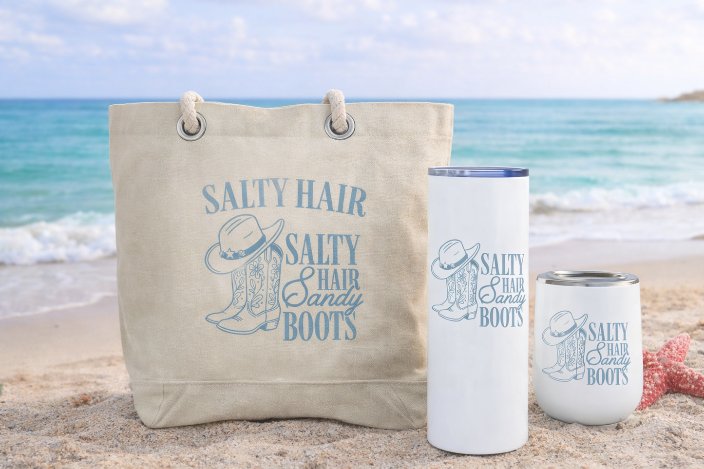 Salty Hair Sandy Boots Tumbler, Tote Bag & Coastal Accessories 🌊🤍