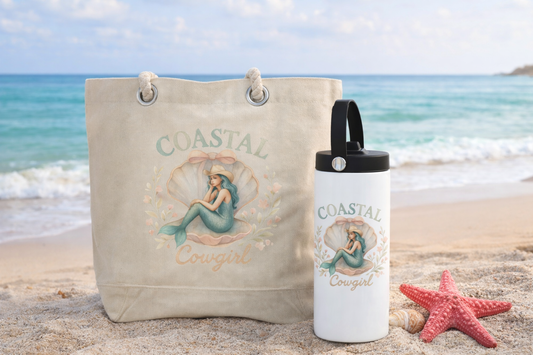 Coastal Cowgirl Mermaid Tumbler, Tote Bag & Accessories 🐚🤍