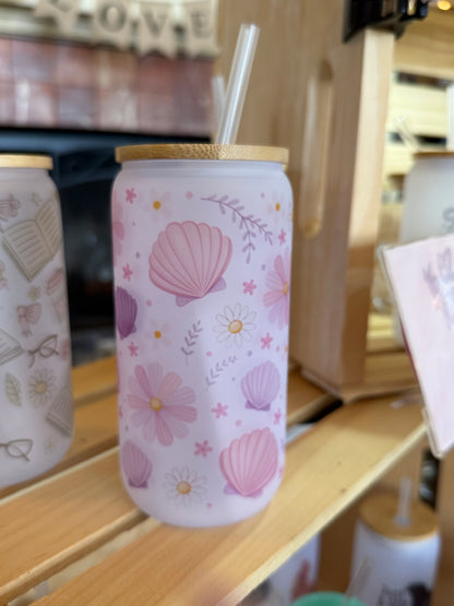 16 oz Frosted Glass Tumbler with Plastic Straw (Choose your Design)