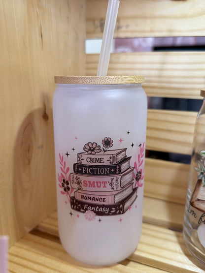 16 oz Frosted Glass Tumbler with Plastic Straw (Choose your Design)