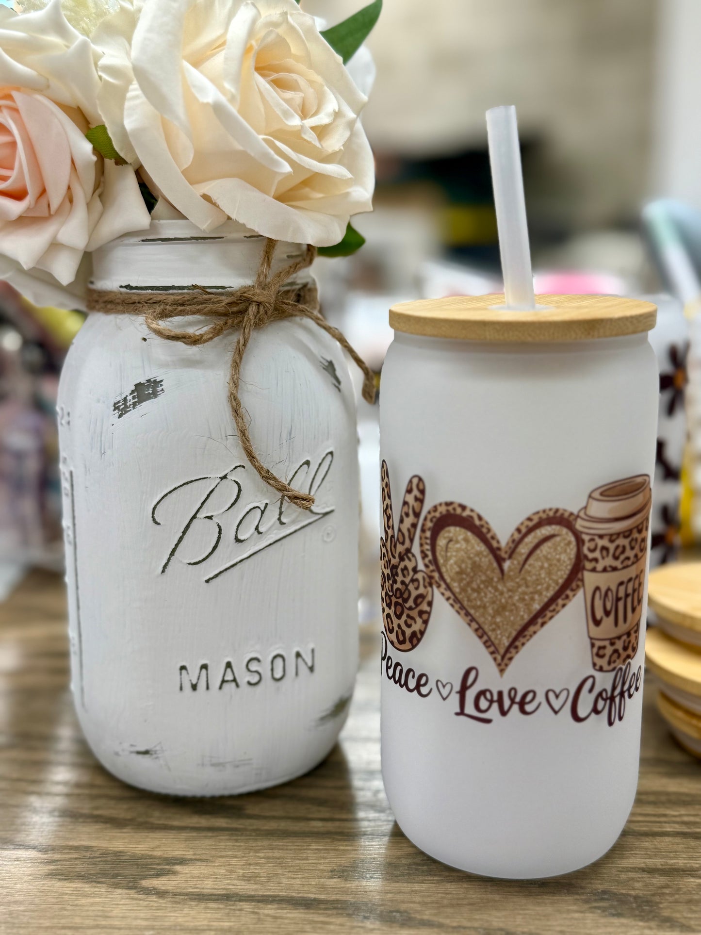 16 oz Frosted Glass Tumbler with Plastic Straw