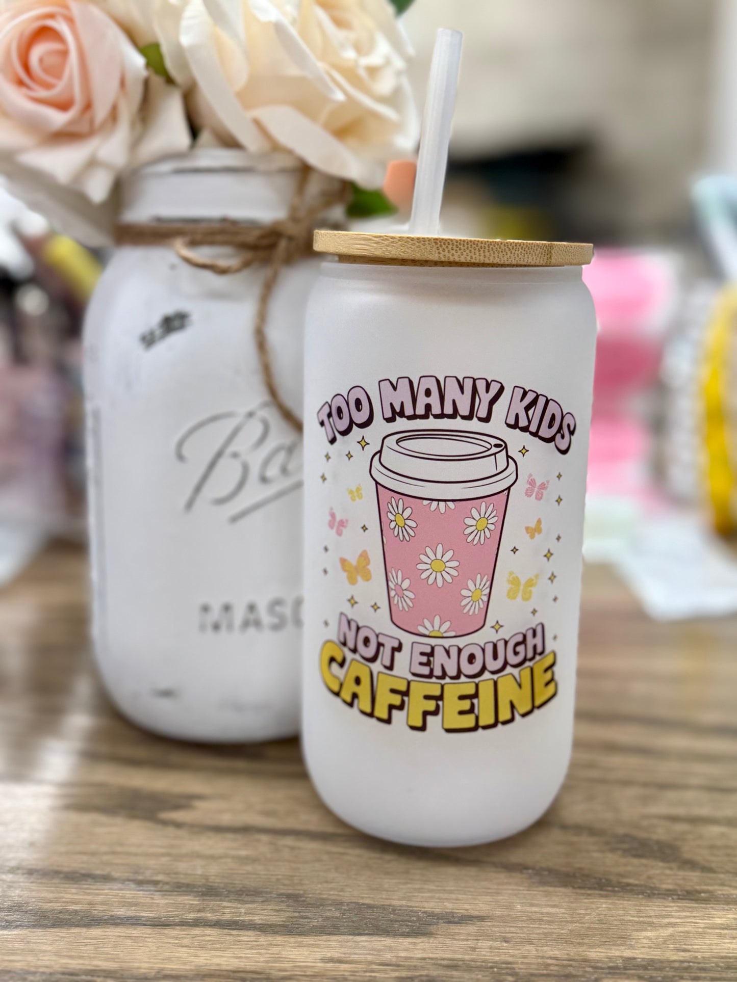 16 oz Frosted Glass Tumbler with Plastic Straw