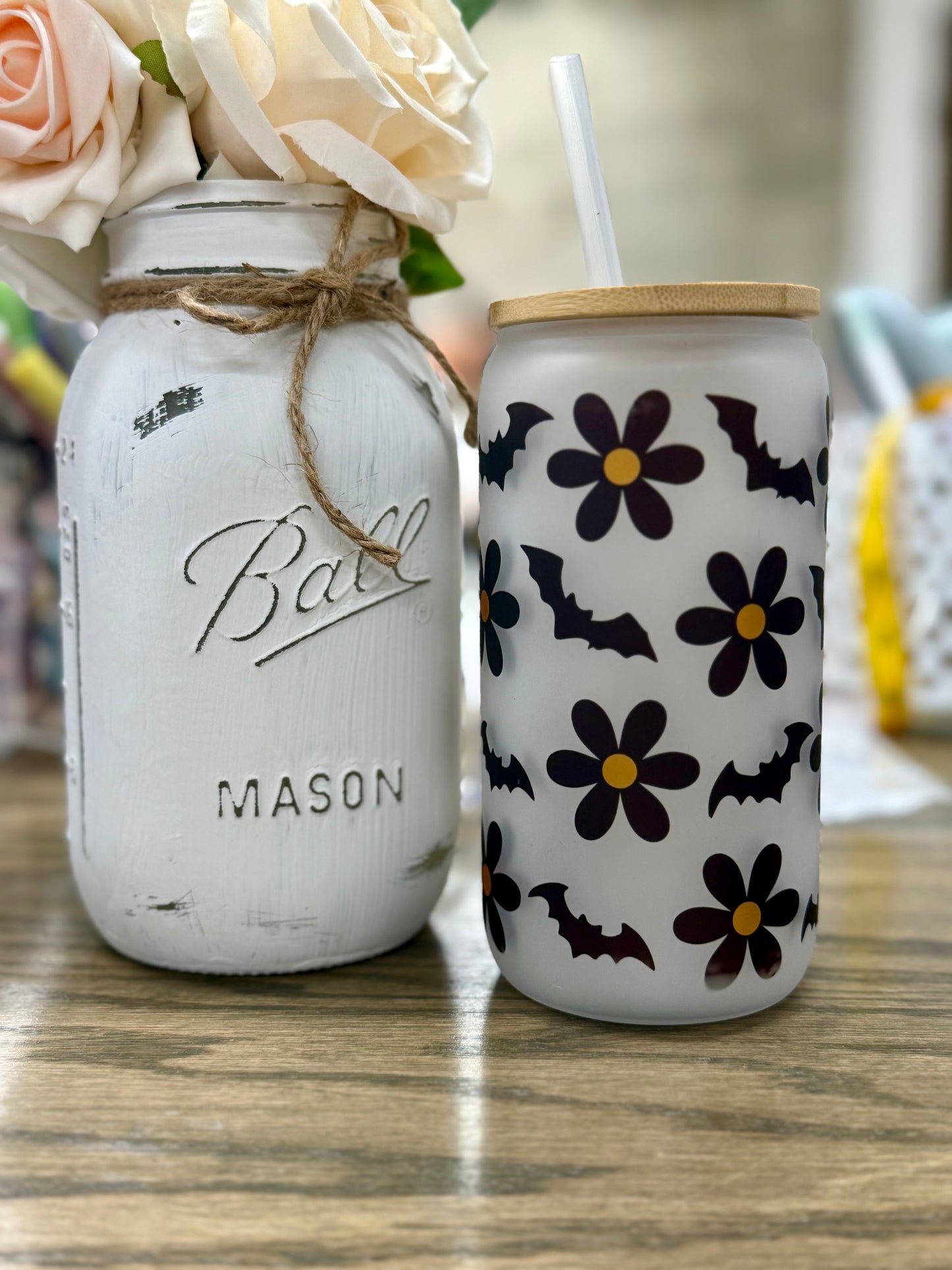 16 oz Frosted Glass Tumbler with Plastic Straw