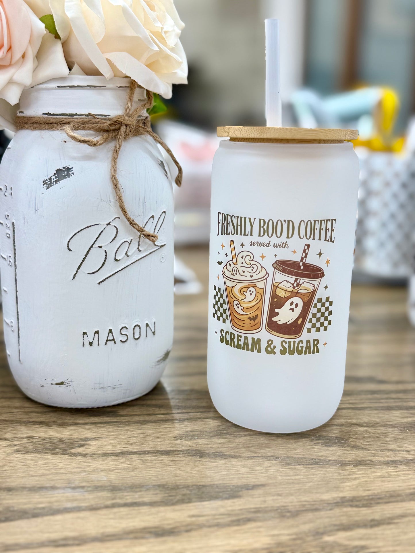 16 oz Frosted Glass Tumbler with Plastic Straw