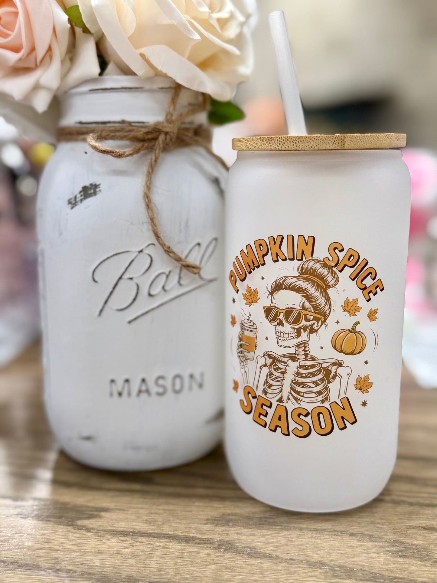 16 oz Frosted Glass Tumbler with Plastic Straw