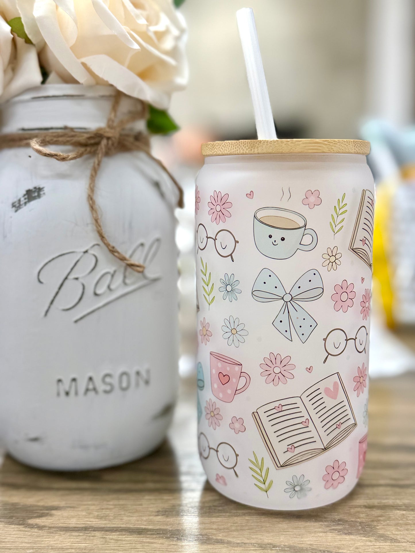16 oz Frosted Glass Tumbler with Plastic Straw