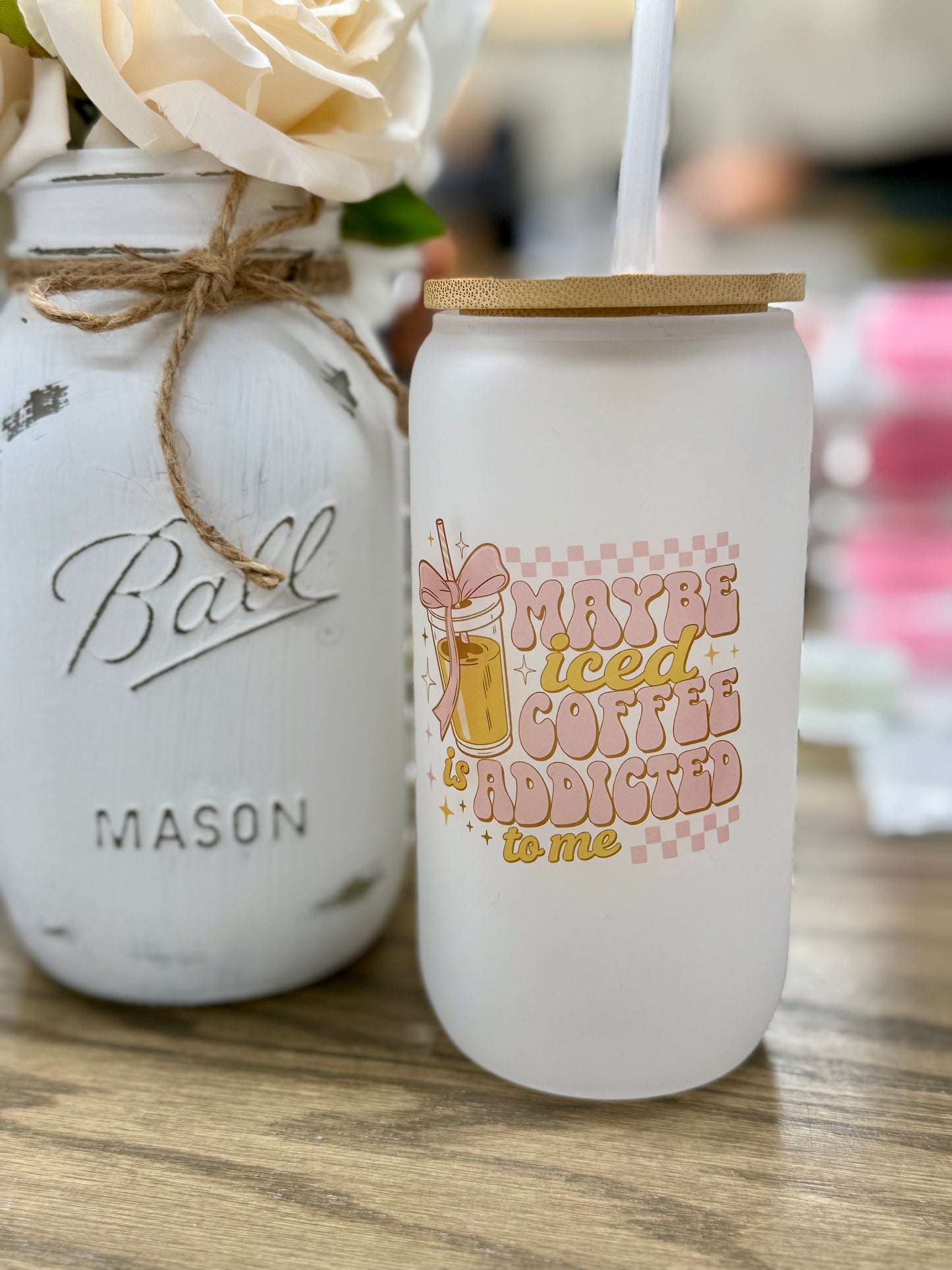16 oz Frosted Glass Tumbler with Plastic Straw