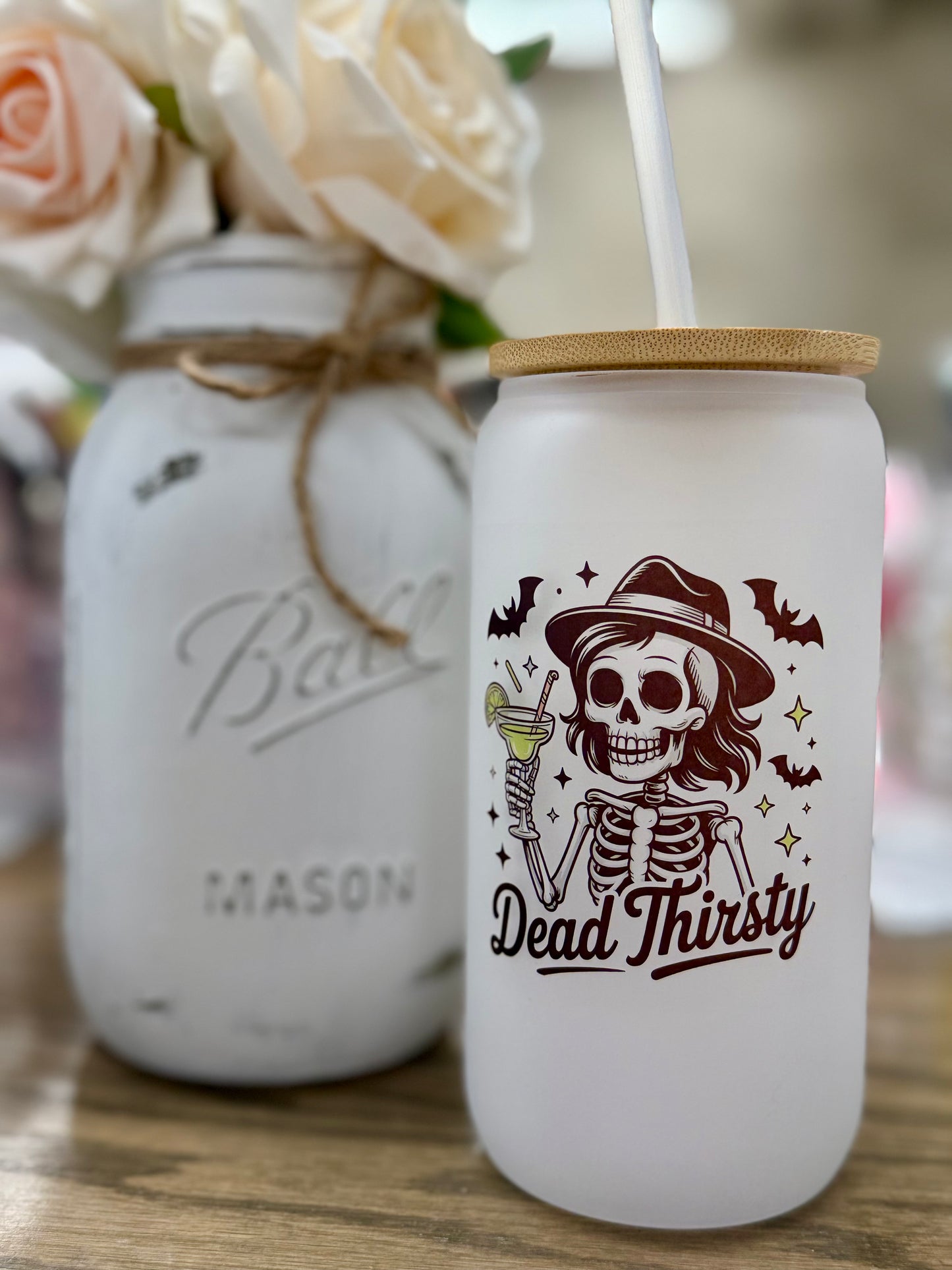16 oz Frosted Glass Tumbler with Plastic Straw