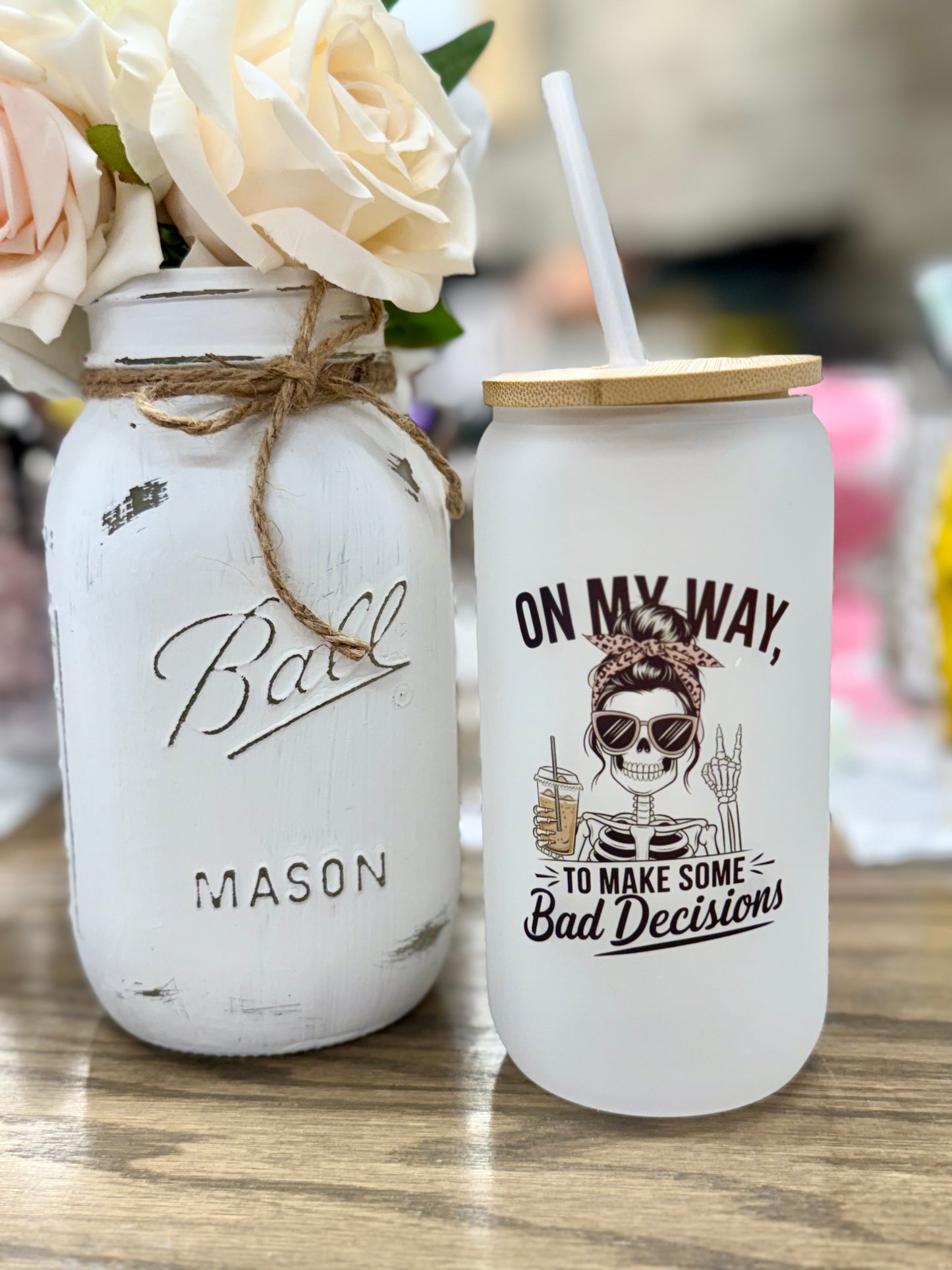 16 oz Frosted Glass Tumbler with Plastic Straw