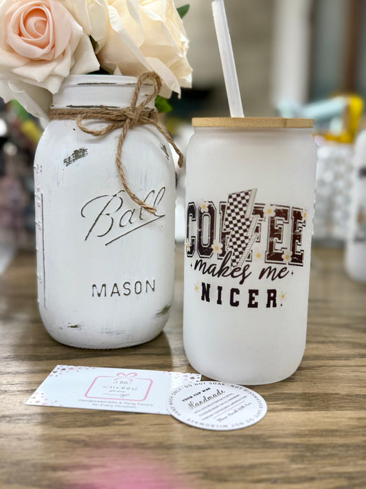 16 oz Frosted Glass Tumbler with Plastic Straw