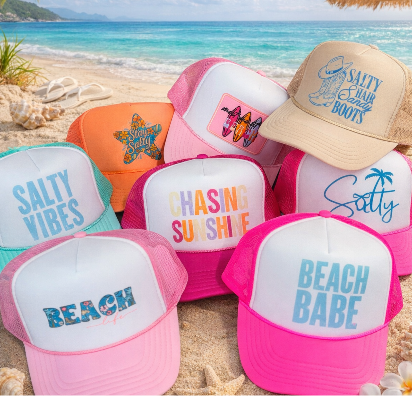 Custom Logo Trucker Hats – Perfect for Boutiques, Salons & Coastal Shops